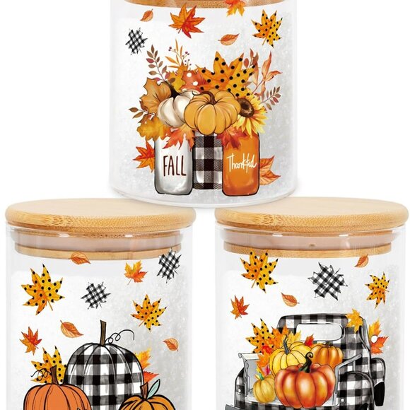 3Pcs Fall Glass Storage Jars with Airtight Bamboo Lid Pumpkin Truck Leaves Clear - Picture 1 of 6